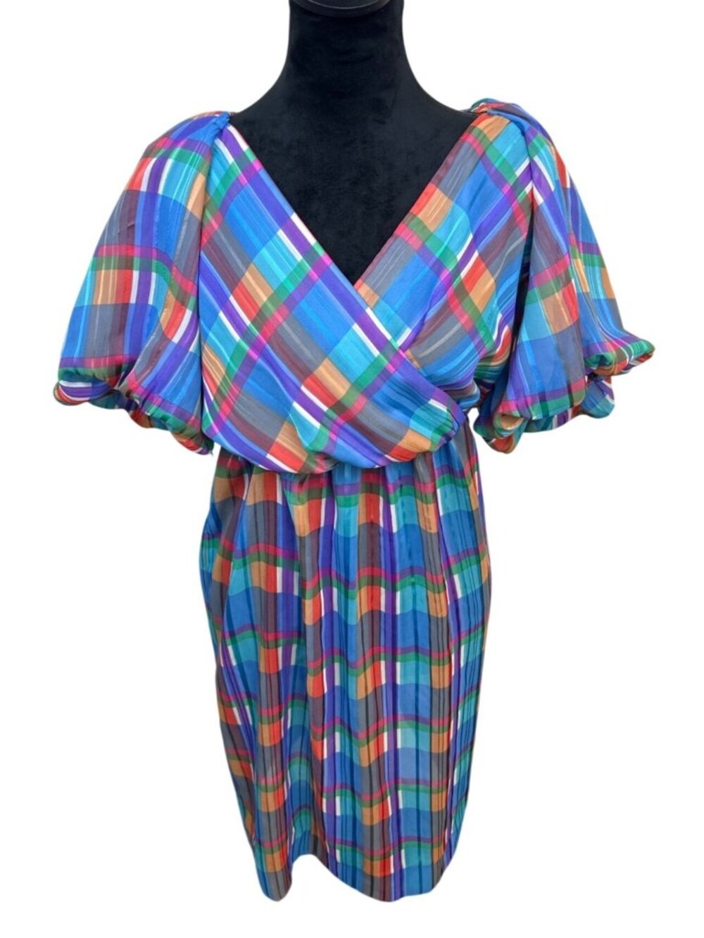 Vintage 80s Act I New York Junior's 5/6 Rainbow Plaid Puff Sleeve Dress Retro
